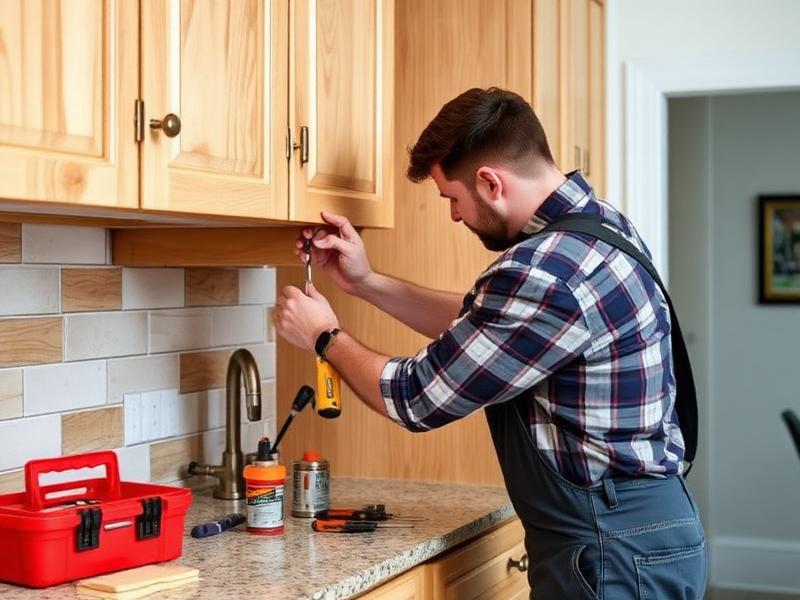 Handyman repairing kitchen cabinet hardware during a general handyman visit